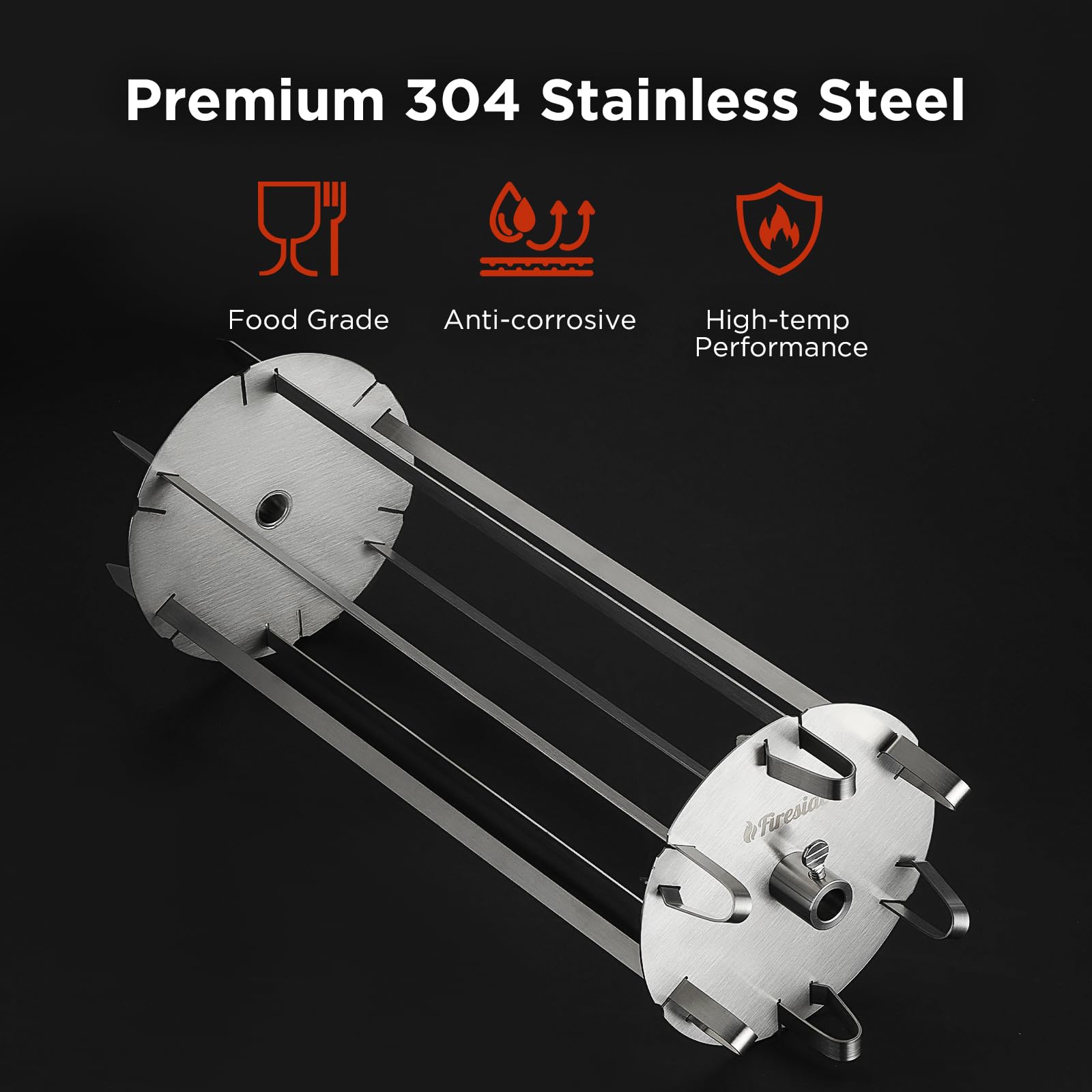 TURBRO close-up of 304 stainless steel skewers highlighting rust-resistant build