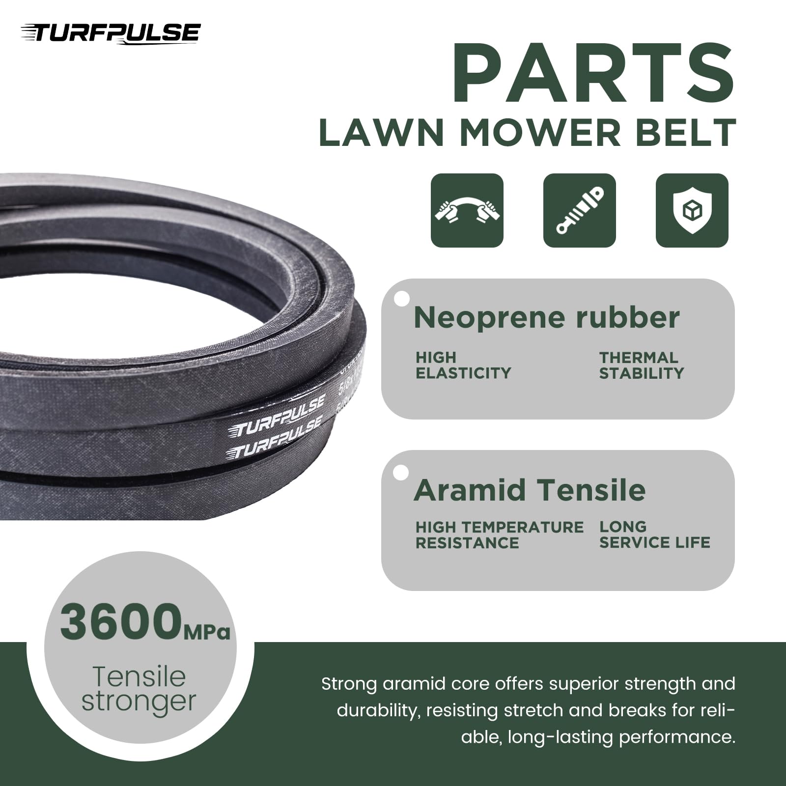 TURFPULSE belt beside tape measure verifying 5/8" by 178" size