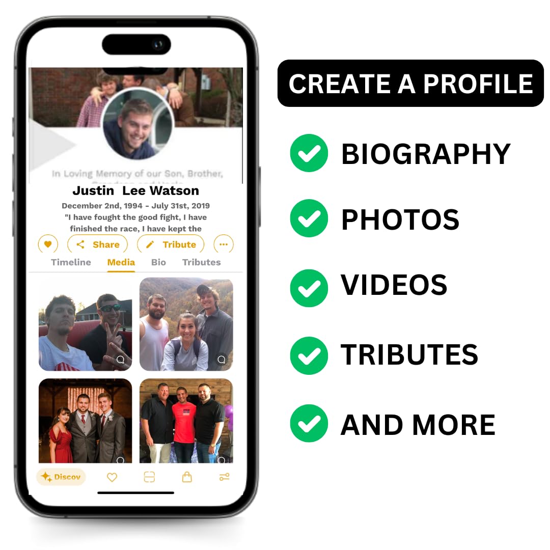 Turning Hearts profile on phone showing tribute webpage access and photos
