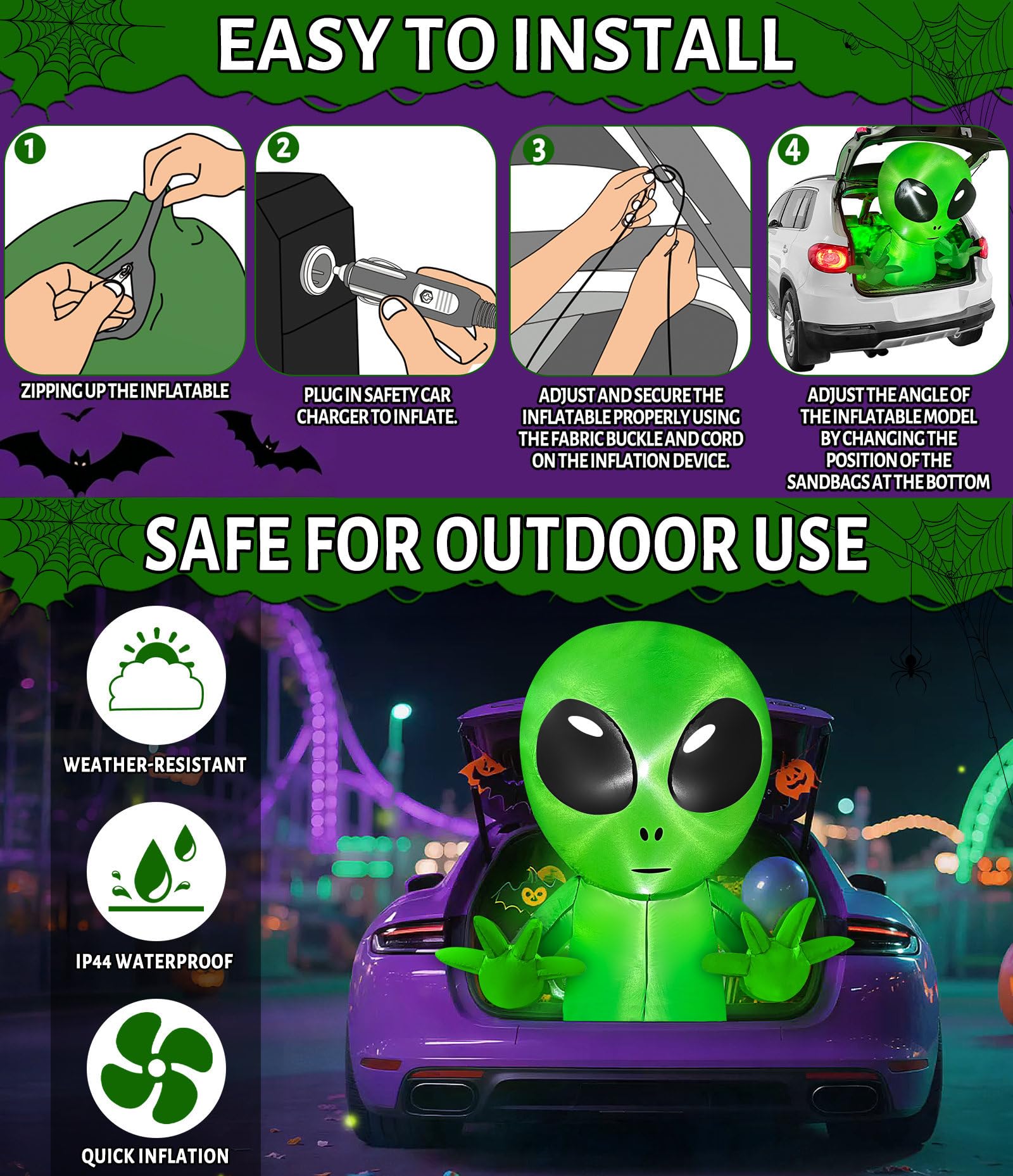 TURNMEON alien staged in car trunk for trunk-or-treat, compact decoration benefit
