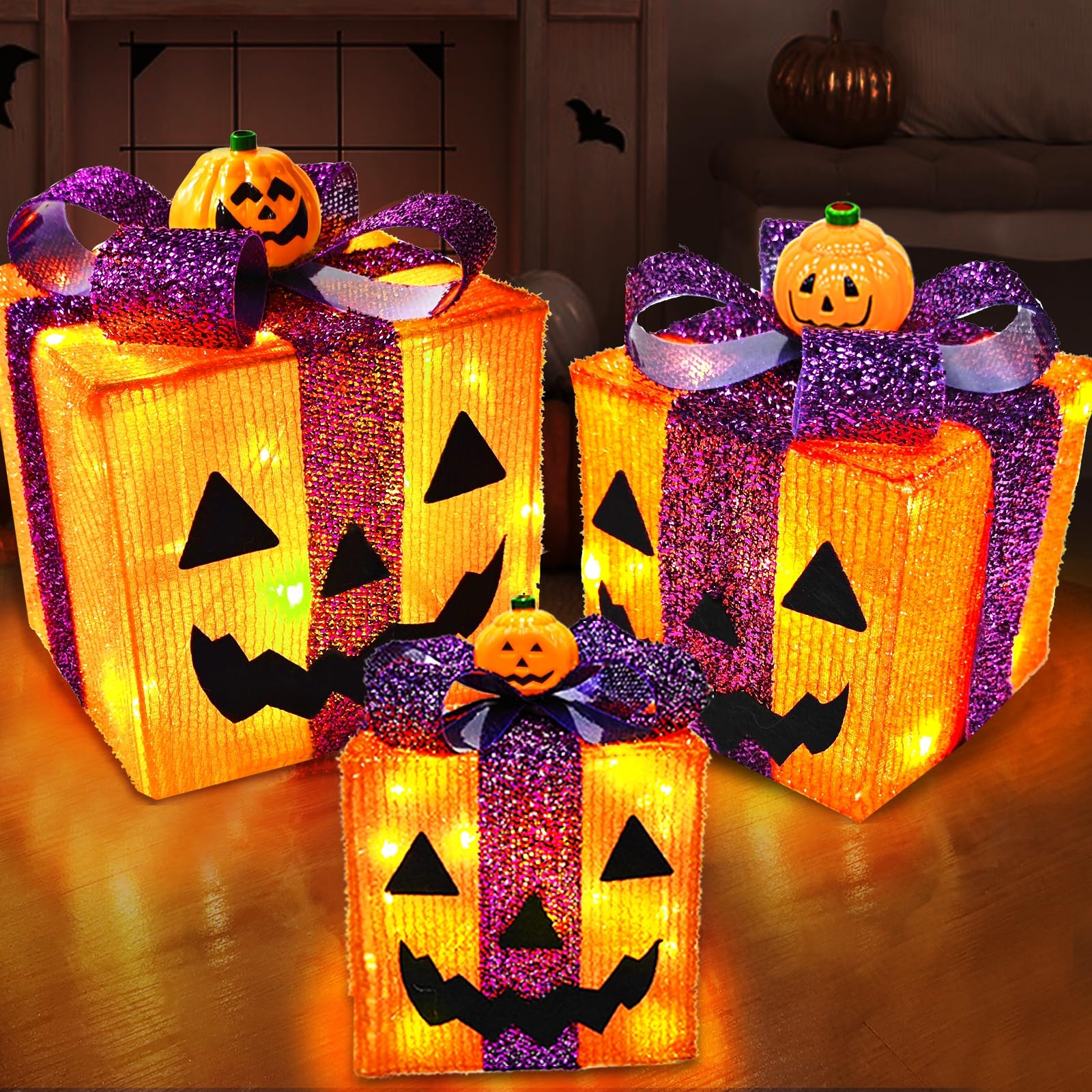 TURNMEON front view of three pumpkin gift boxes, instant spooky décor