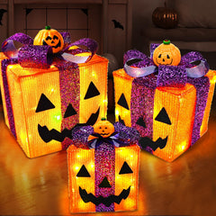 TURNMEON front view of three pumpkin gift boxes, instant spooky décor
