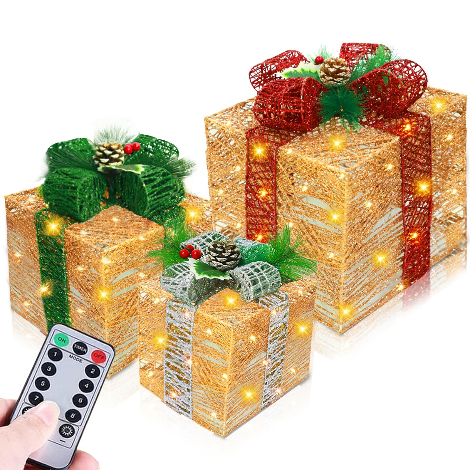 TURNMEON front view of three gold lighted gift boxes showing warm LED glow