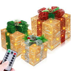 TURNMEON front view of three gold lighted gift boxes showing warm LED glow