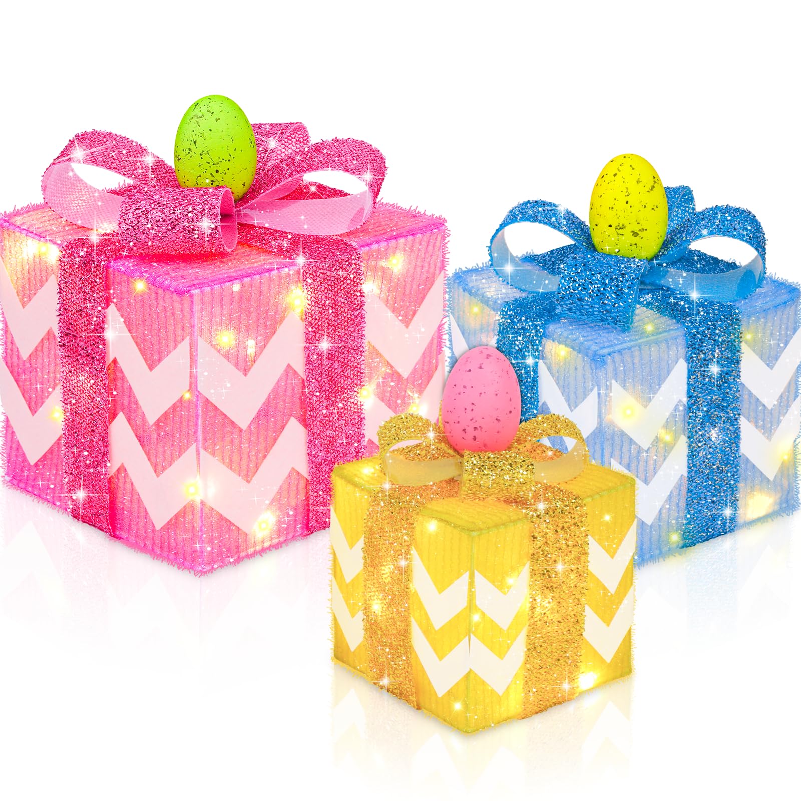 TURNMEON front view of three pastel lighted Easter gift boxes, decorative focal point