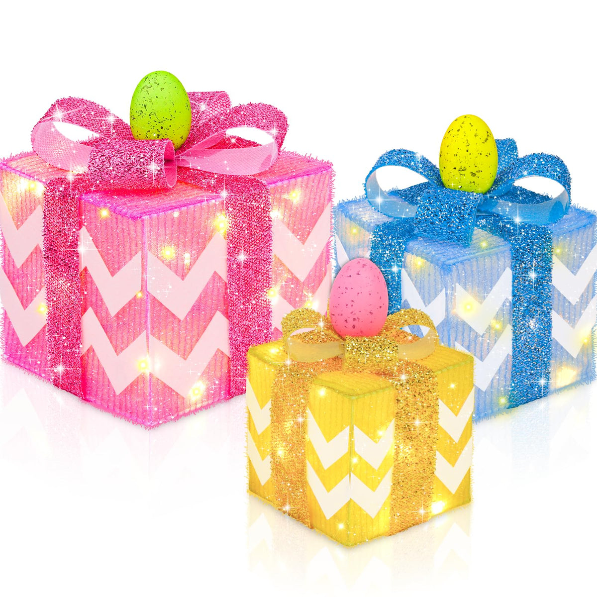 TURNMEON front view of three pastel lighted Easter gift boxes, decorative focal point