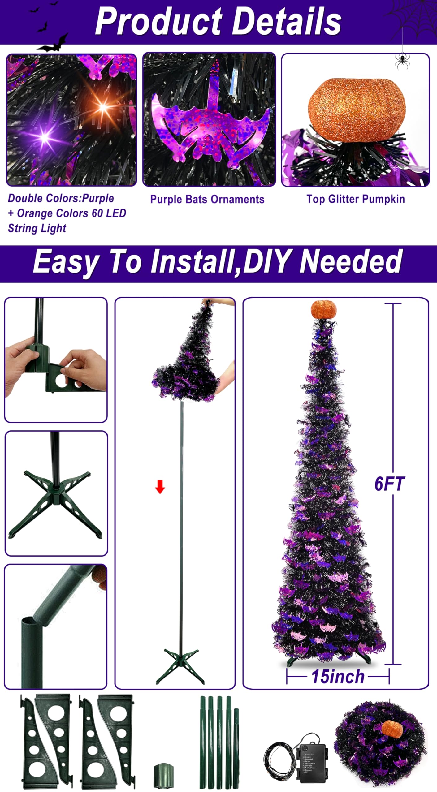 TURNMEON lit branch detail with orange and purple LEDs, creates festive mood lighting