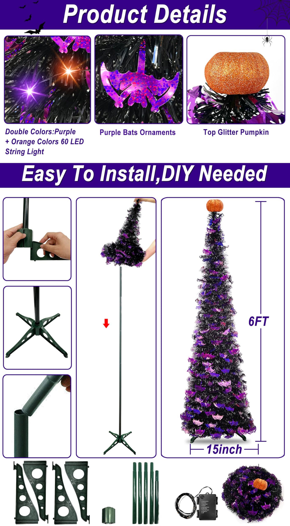 TURNMEON lit branch detail with orange and purple LEDs, creates festive mood lighting