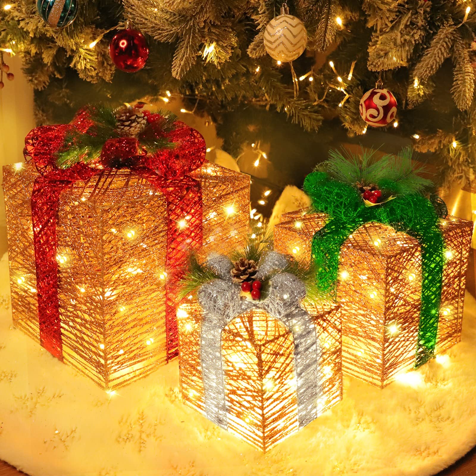TURNMEON lit gift boxes on mantel creating cozy indoor holiday ambience