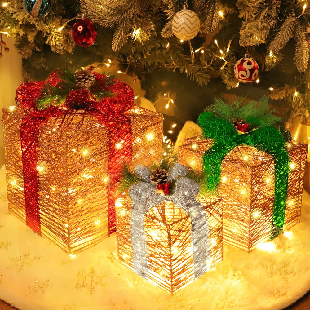 TURNMEON lit gift boxes on mantel creating cozy indoor holiday ambience
