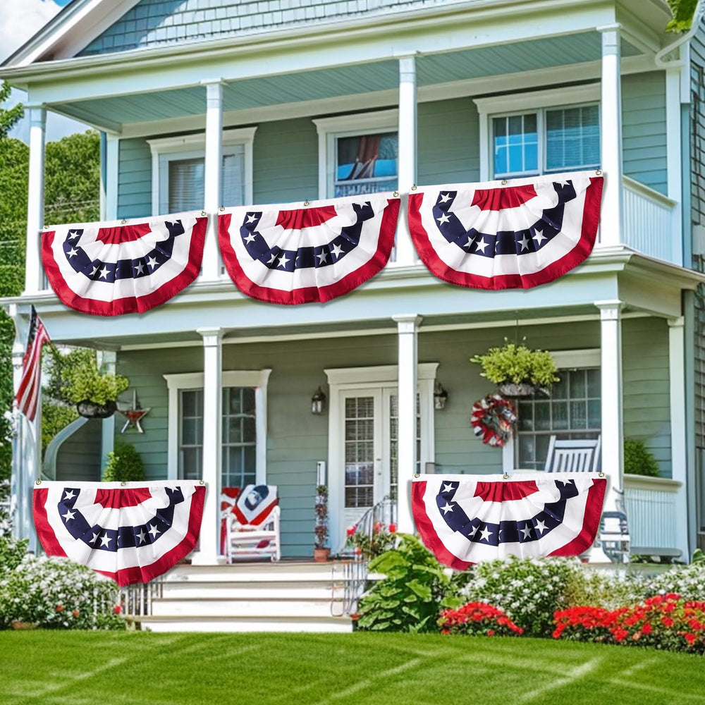 TURNMEON bunting displayed on porch rail to create classic patriotic curbside appeal