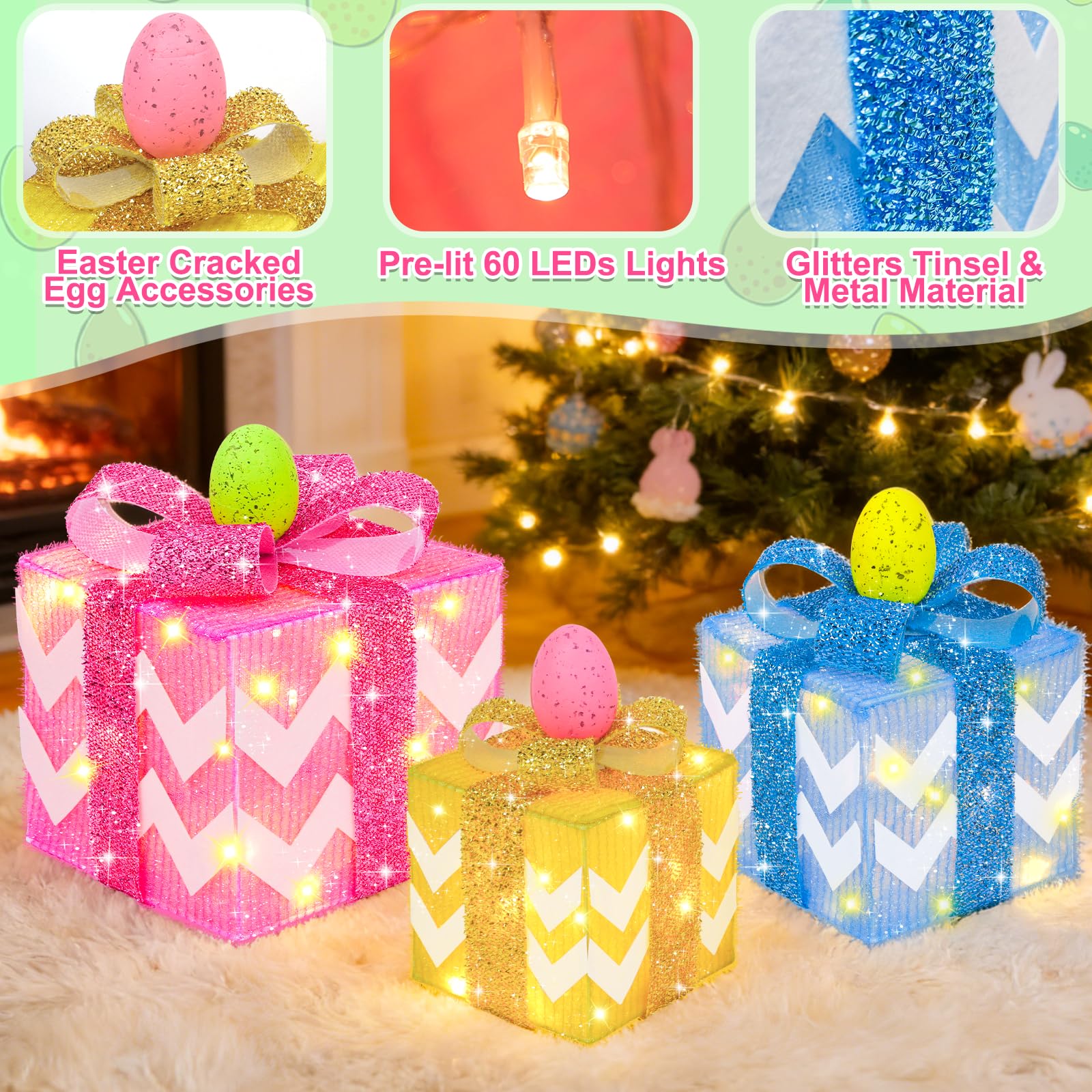 TURNMEON lit gift boxes on porch at night enhancing curbside Easter appeal