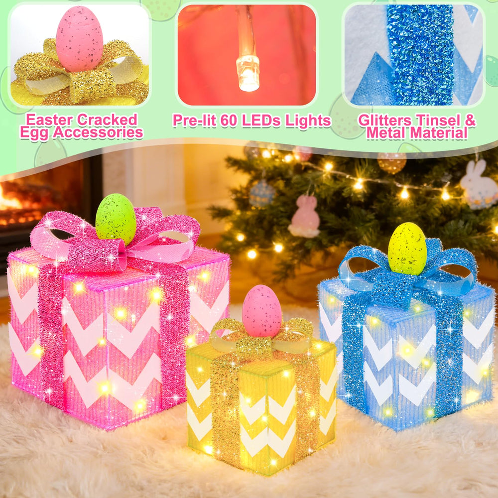 TURNMEON lit gift boxes on porch at night enhancing curbside Easter appeal