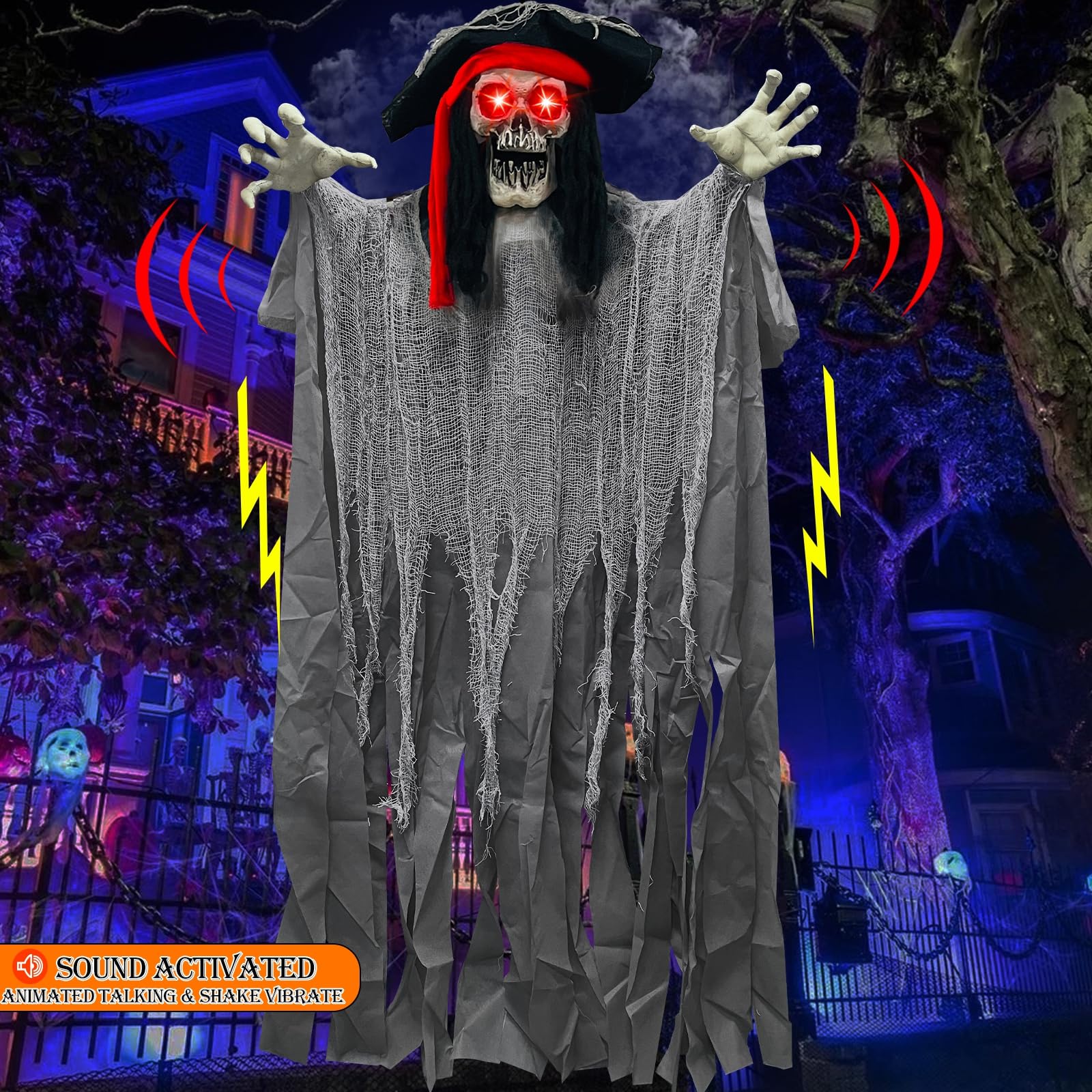 TURNMEON pirate ghost on porch staged with pumpkins and lights for impact