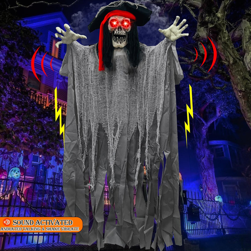 TURNMEON pirate ghost on porch staged with pumpkins and lights for impact