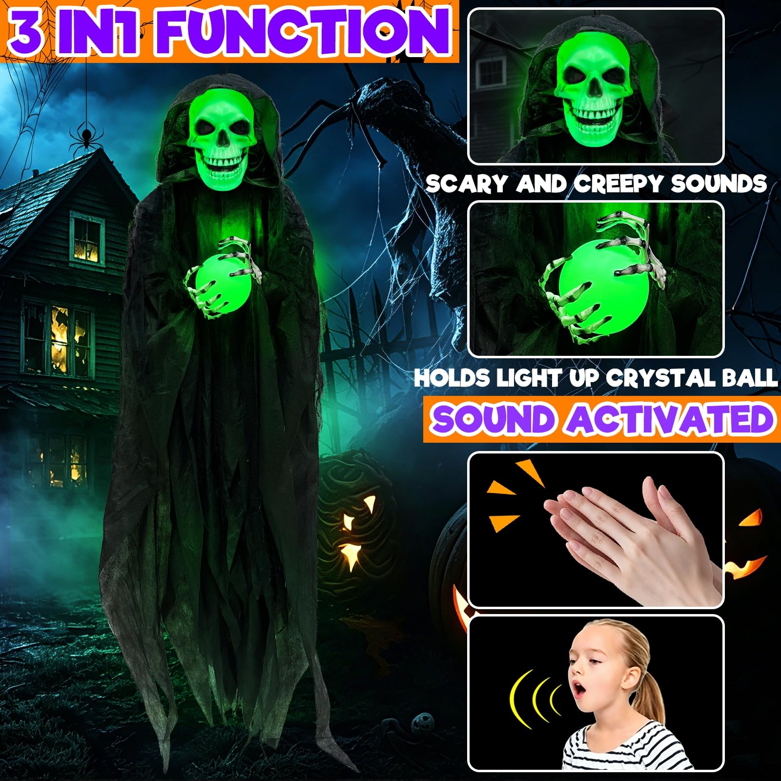 TURNMEON hanging on porch at night creating dramatic illuminated Halloween scene
