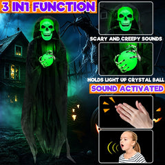 TURNMEON hanging on porch at night creating dramatic illuminated Halloween scene