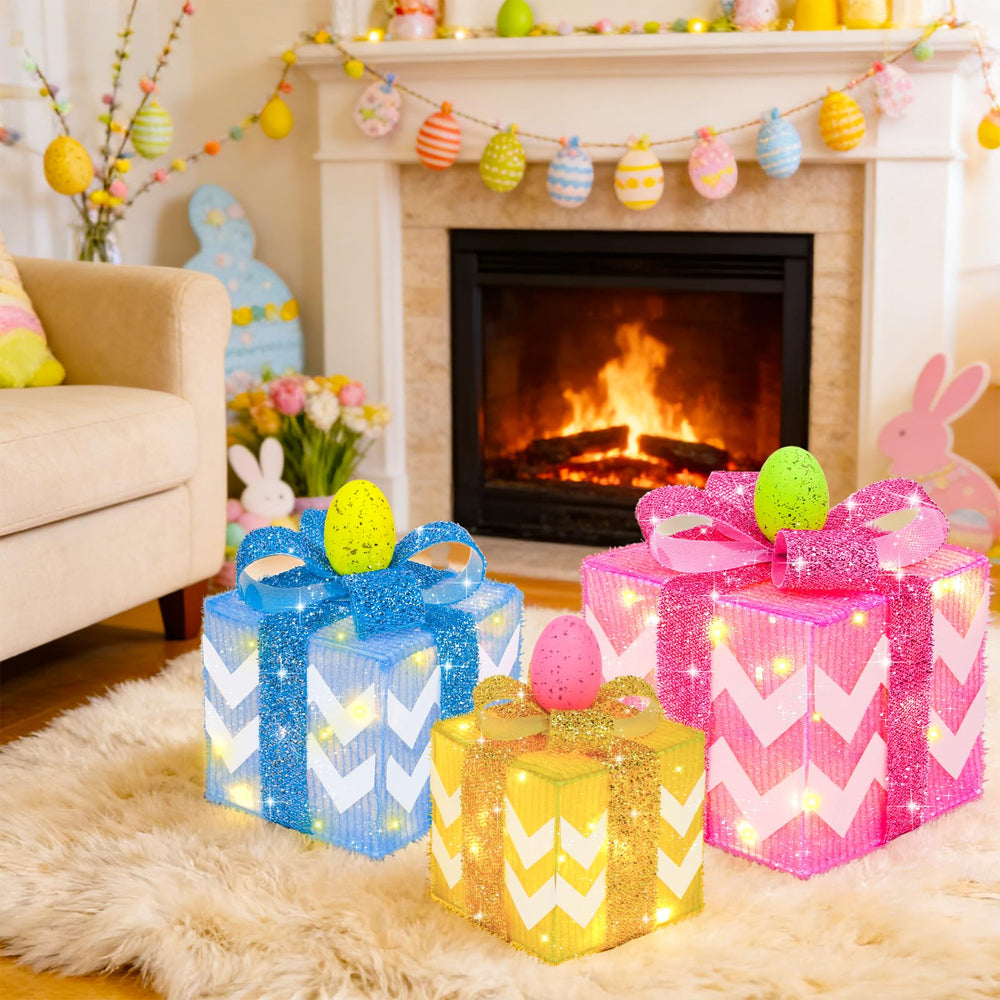 TURNMEON stacked gift boxes on mantel creating layered spring ambiance