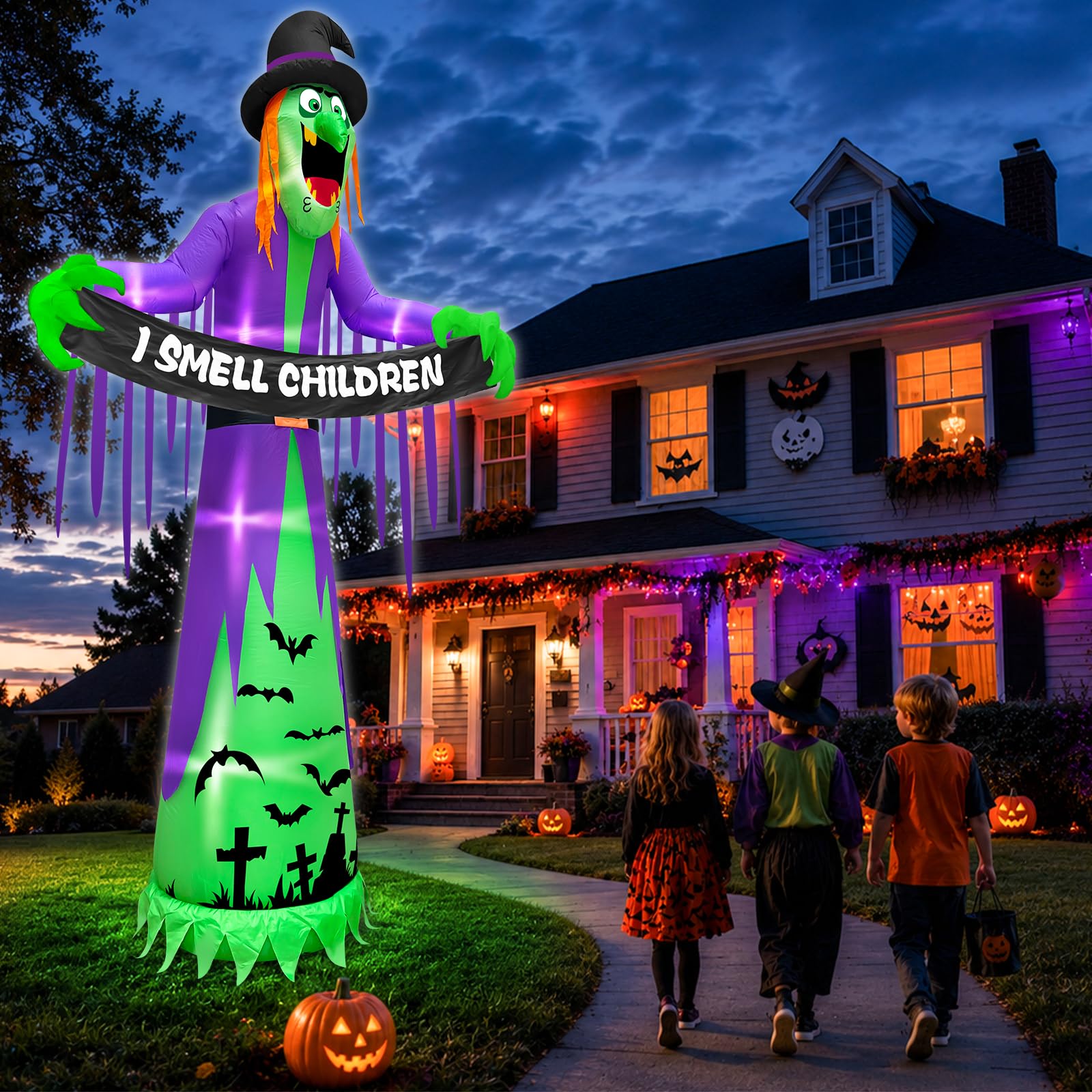 TURNMEON witch holding 'I Smell Children' banner for playful effect