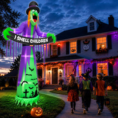 TURNMEON witch holding 'I Smell Children' banner for playful effect
