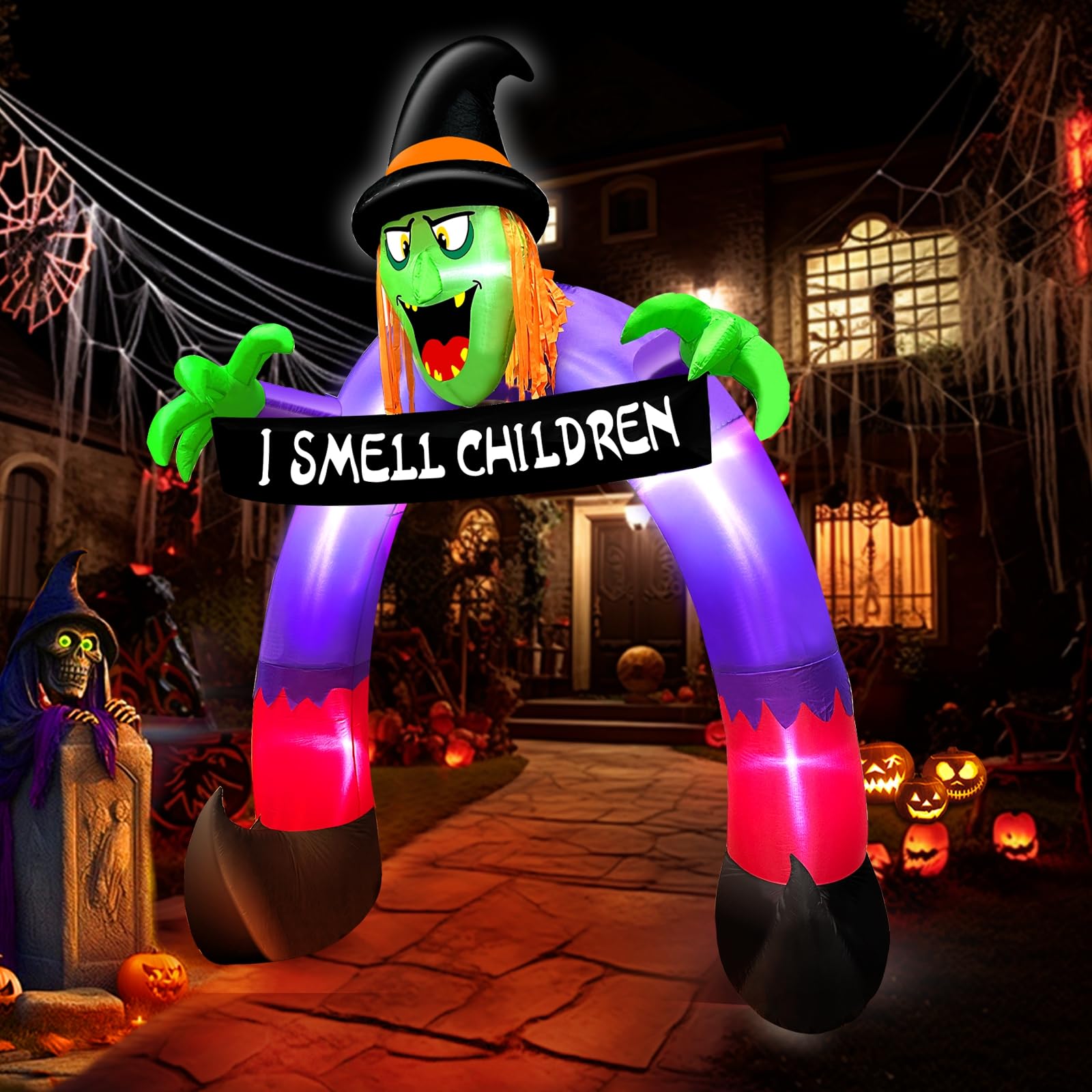 TURNMEON yard scene with witch archway at pathway entrance enhancing Halloween atmosphere