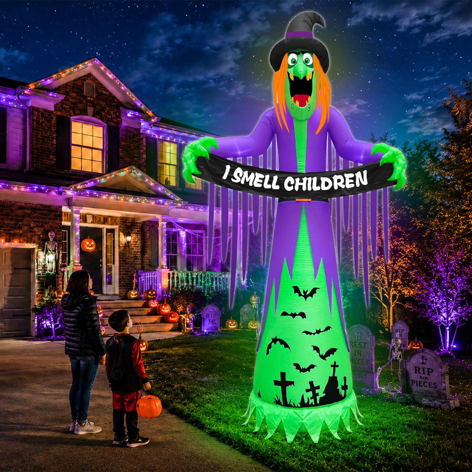 TURNMEON witch in a yard setting creating dramatic Halloween curb appeal