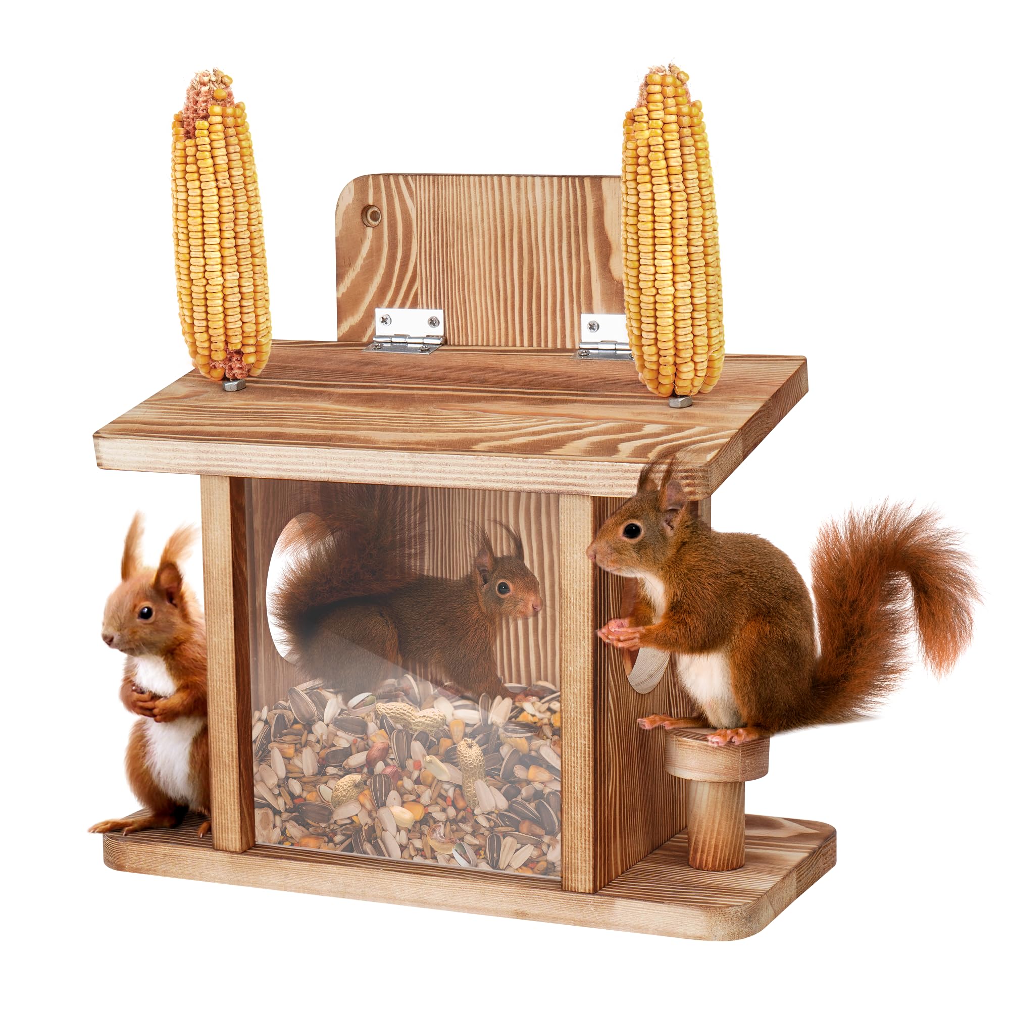 Turosur front view picnic-table feeder showing design and natural finish benefit clear attraction