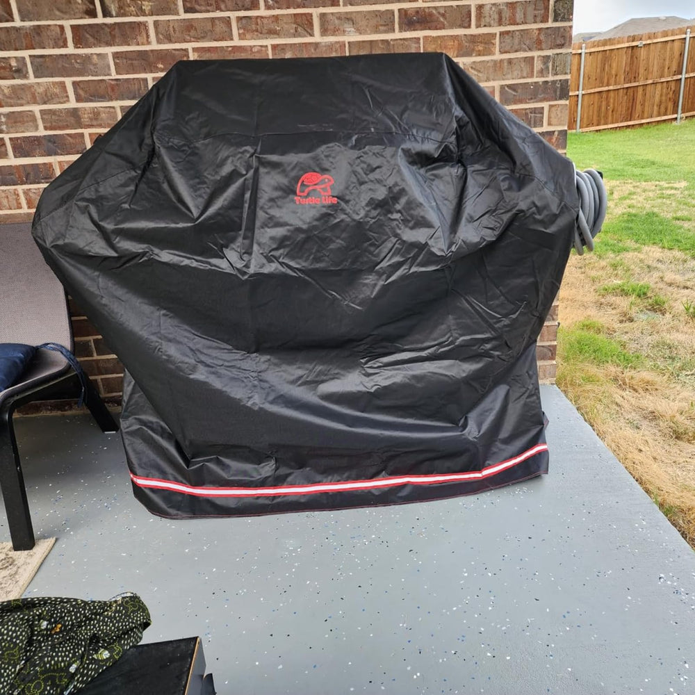 Turtle Life cover fitted on Weber-style grill, full weather coverage