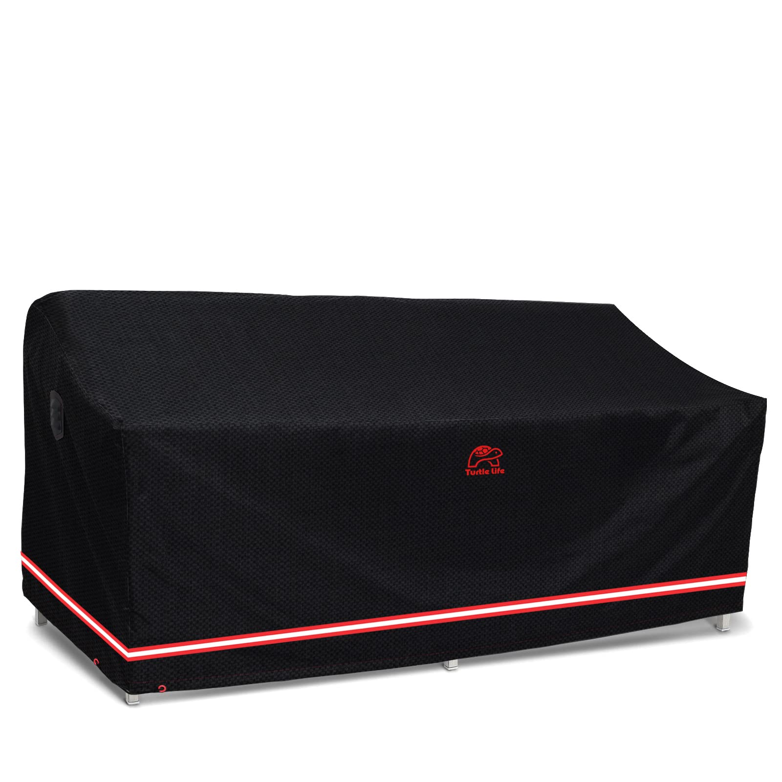 Turtle Life front view of cover on loveseat showing full protection and fit