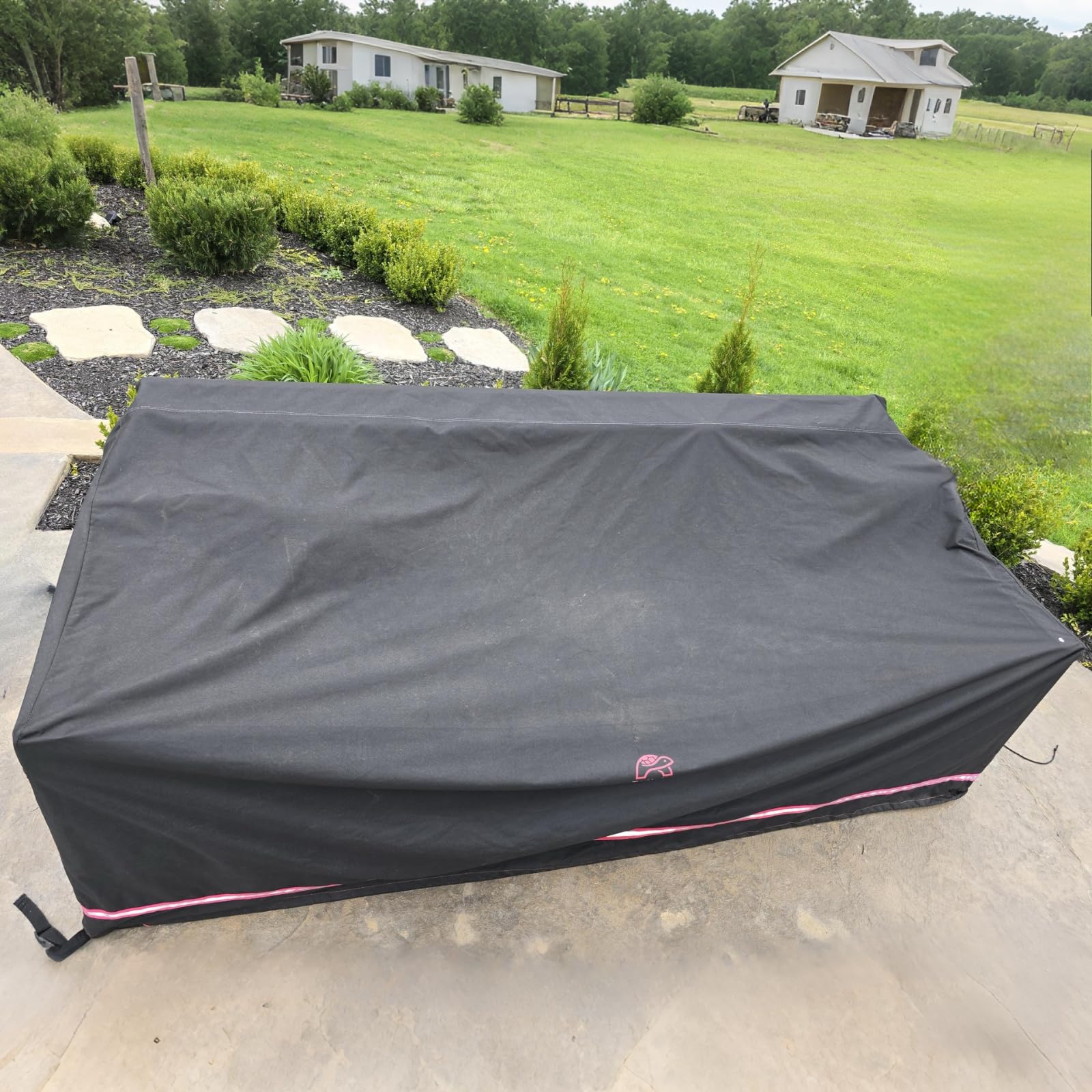 Turtle Life size comparison with sofa to show 104 inch width coverage and fit