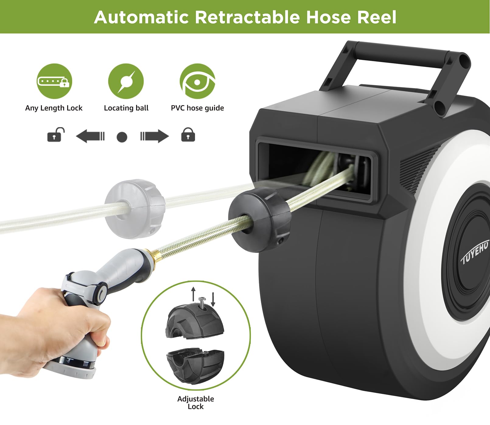 Tuyeho reel pivoting on 180° swivel bracket showing expanded reach benefit