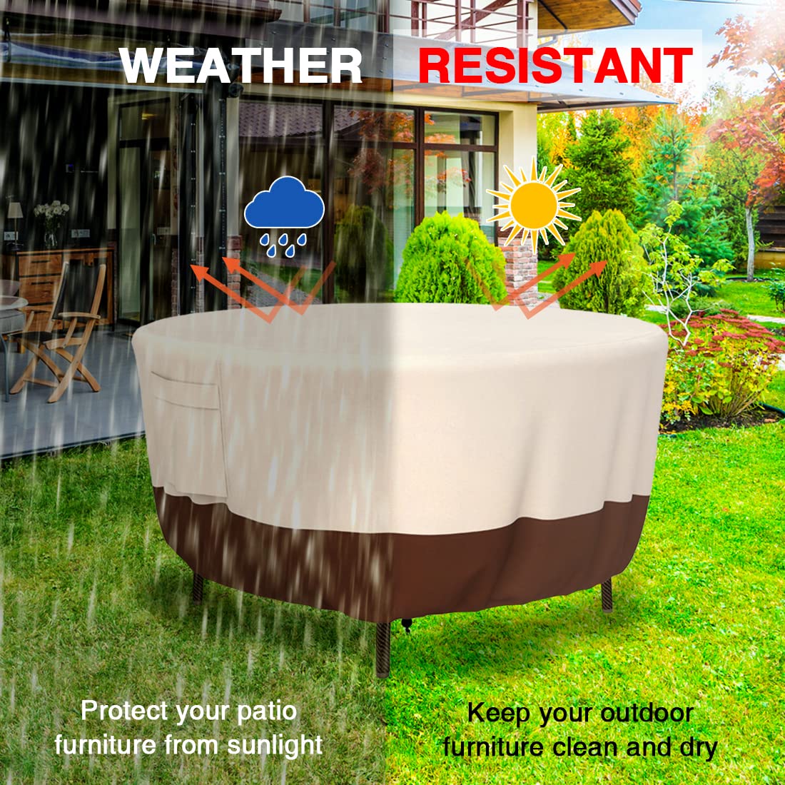 Tuyeho covered patio table demonstrating weather protection benefit