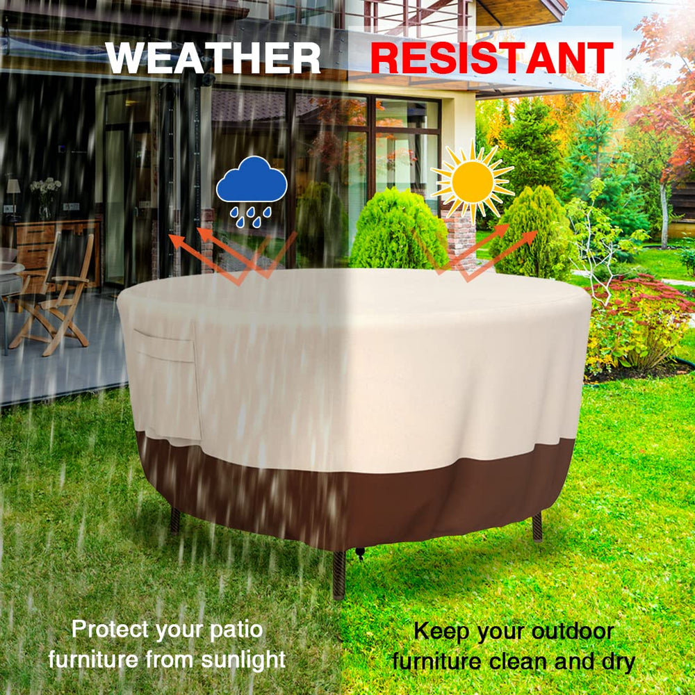 Tuyeho covered patio table demonstrating weather protection benefit