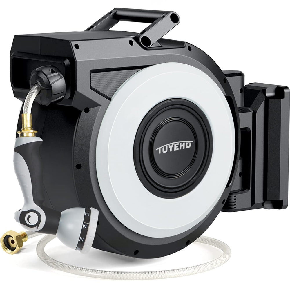 Tuyeho front view of wall-mounted reel showing tidy storage benefit