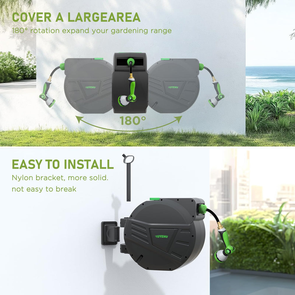 Tuyeho reel in use watering garden for convenient hands-free spraying
