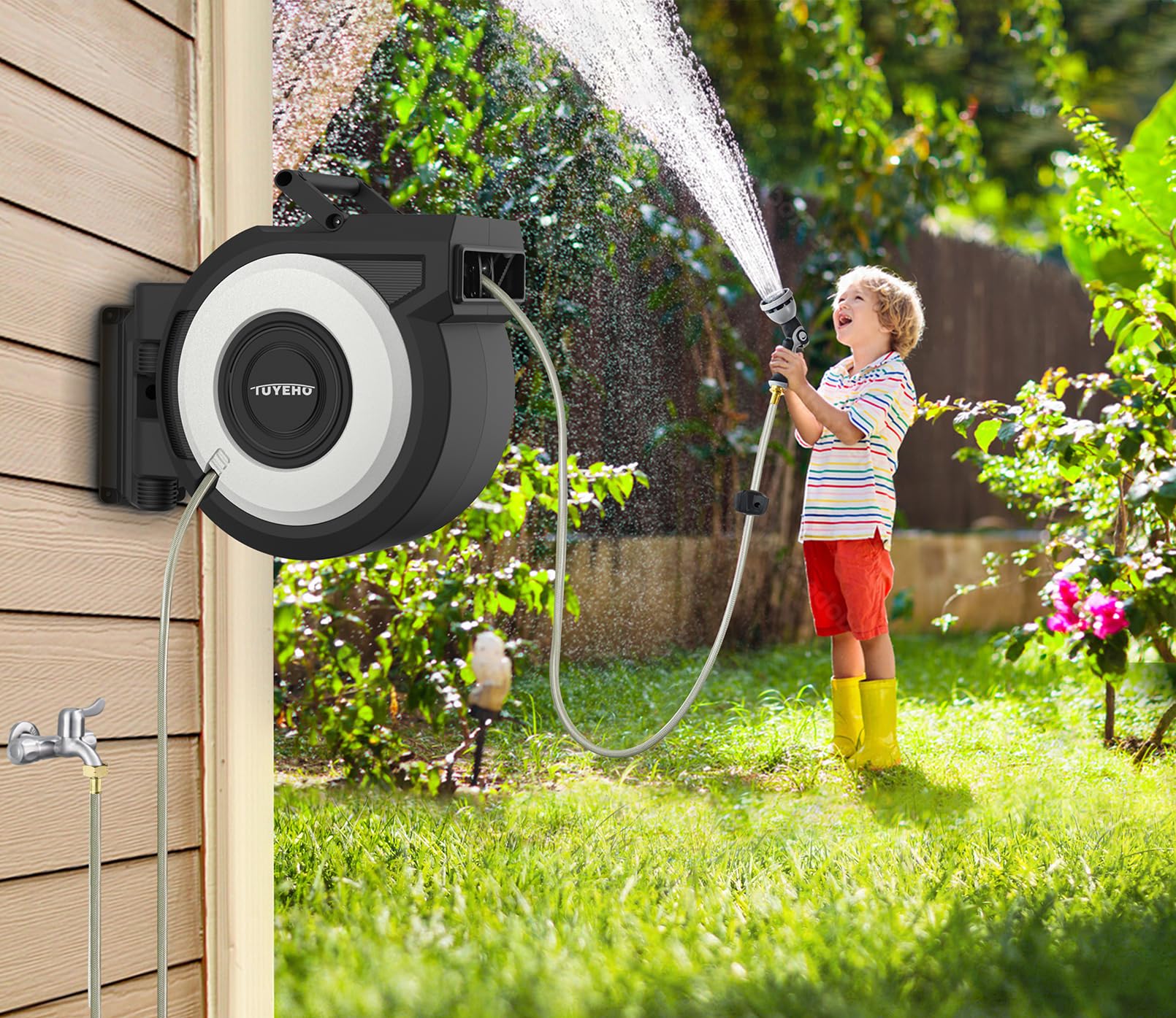 Tuyeho lifestyle scene of garden watering showing tidy storage and convenience benefit