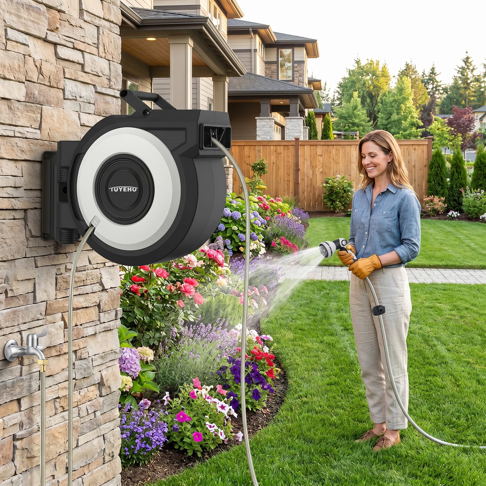 Tuyeho 180° swivel bracket enabling extended garden reach