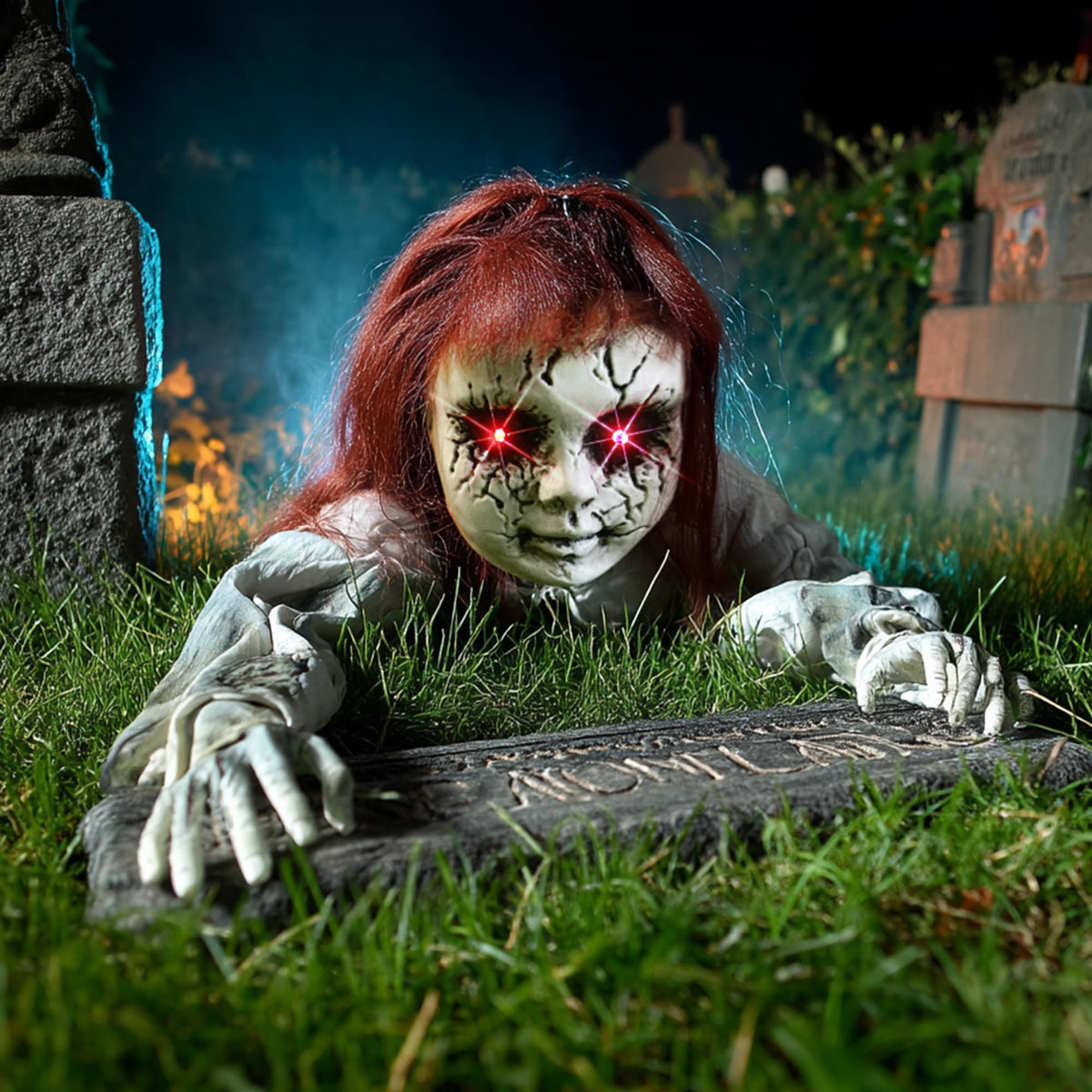 TW SHINE front view of crawling zombie prop creating yard impact