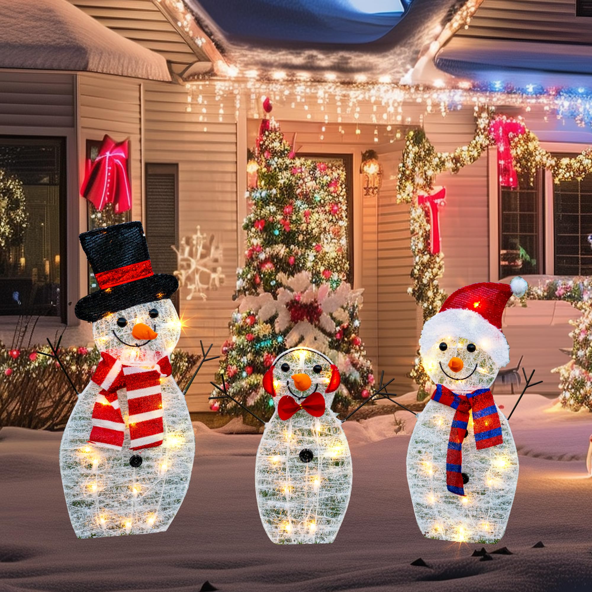 TW SHINE porch scene at night with lit snowman family creating cozy ambiance