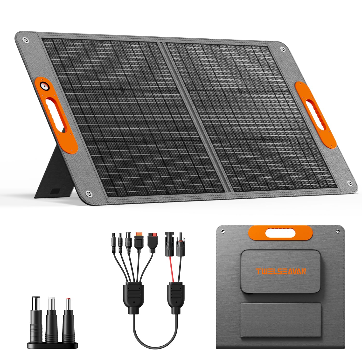 TWELSEAVAN front view showing full 100W panel and foldable design for portable charging