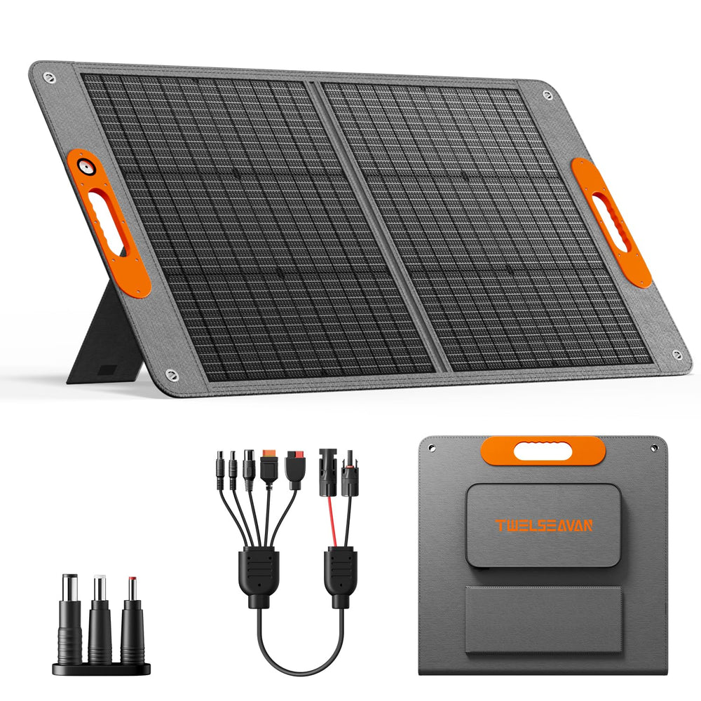 TWELSEAVAN front view showing full 100W panel and foldable design for portable charging