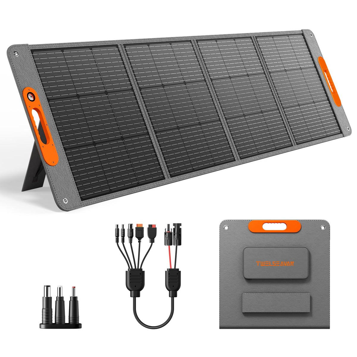 TWELSEAVAN front view of folded 200W panel showing compact portability and protection