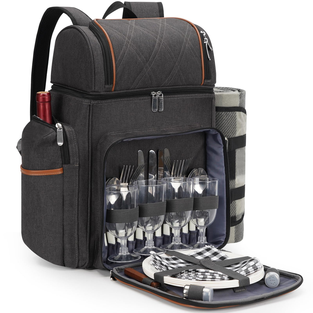 TwentyNext front view of brown picnic backpack showing pockets and zippers for organized carrying