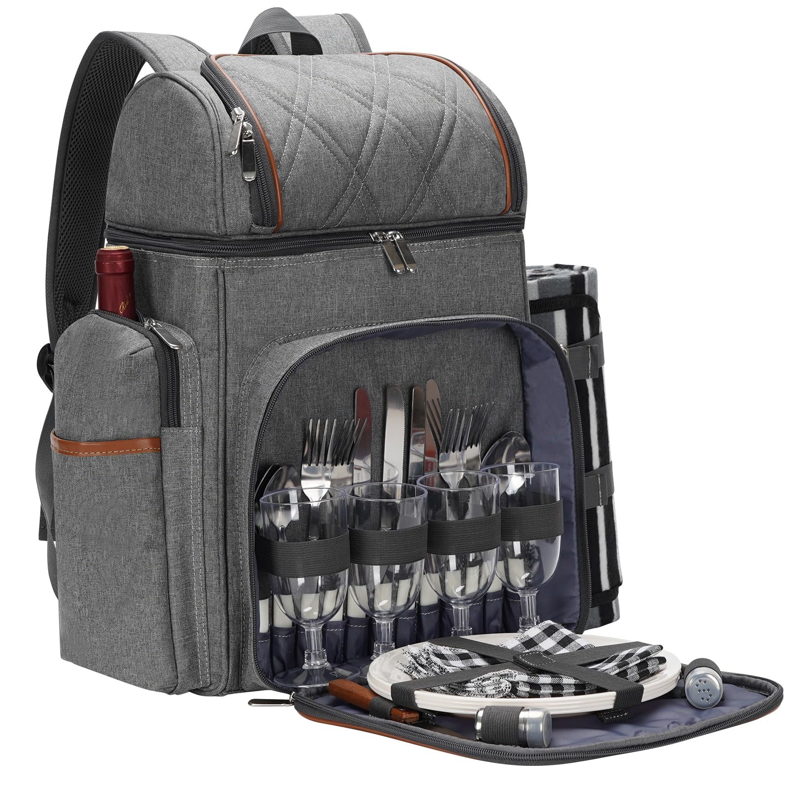 TwentyNext front view of grey picnic backpack showing compact storage and style