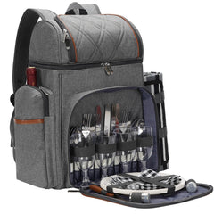 TwentyNext front view of grey picnic backpack showing compact storage and style