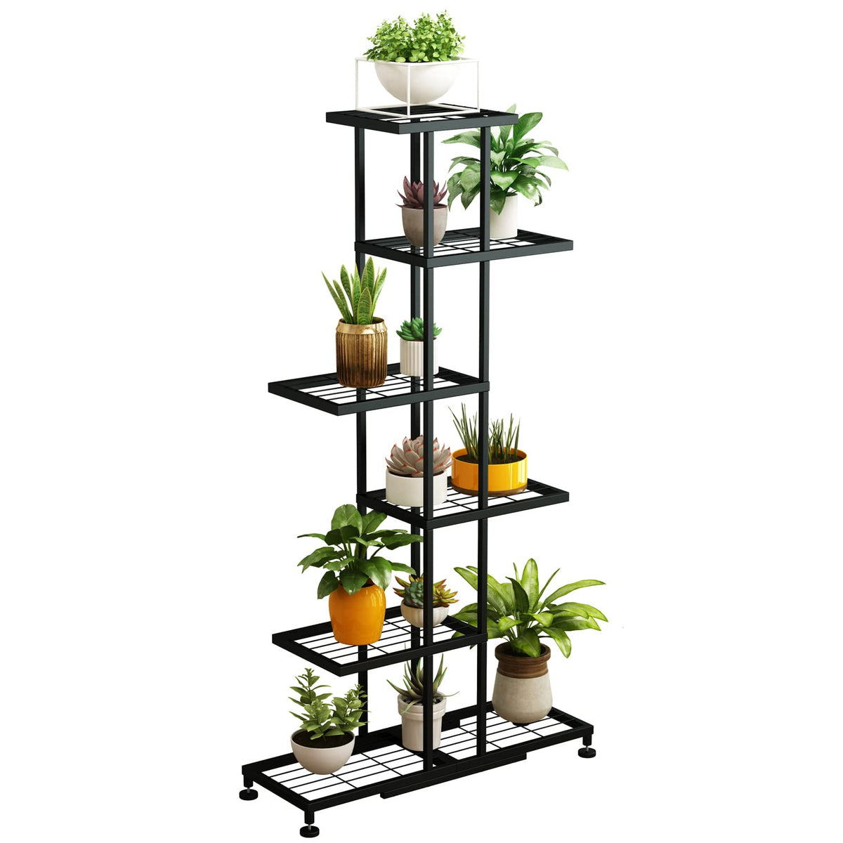 Twhep front view of black metal plant stand showing organized display benefit
