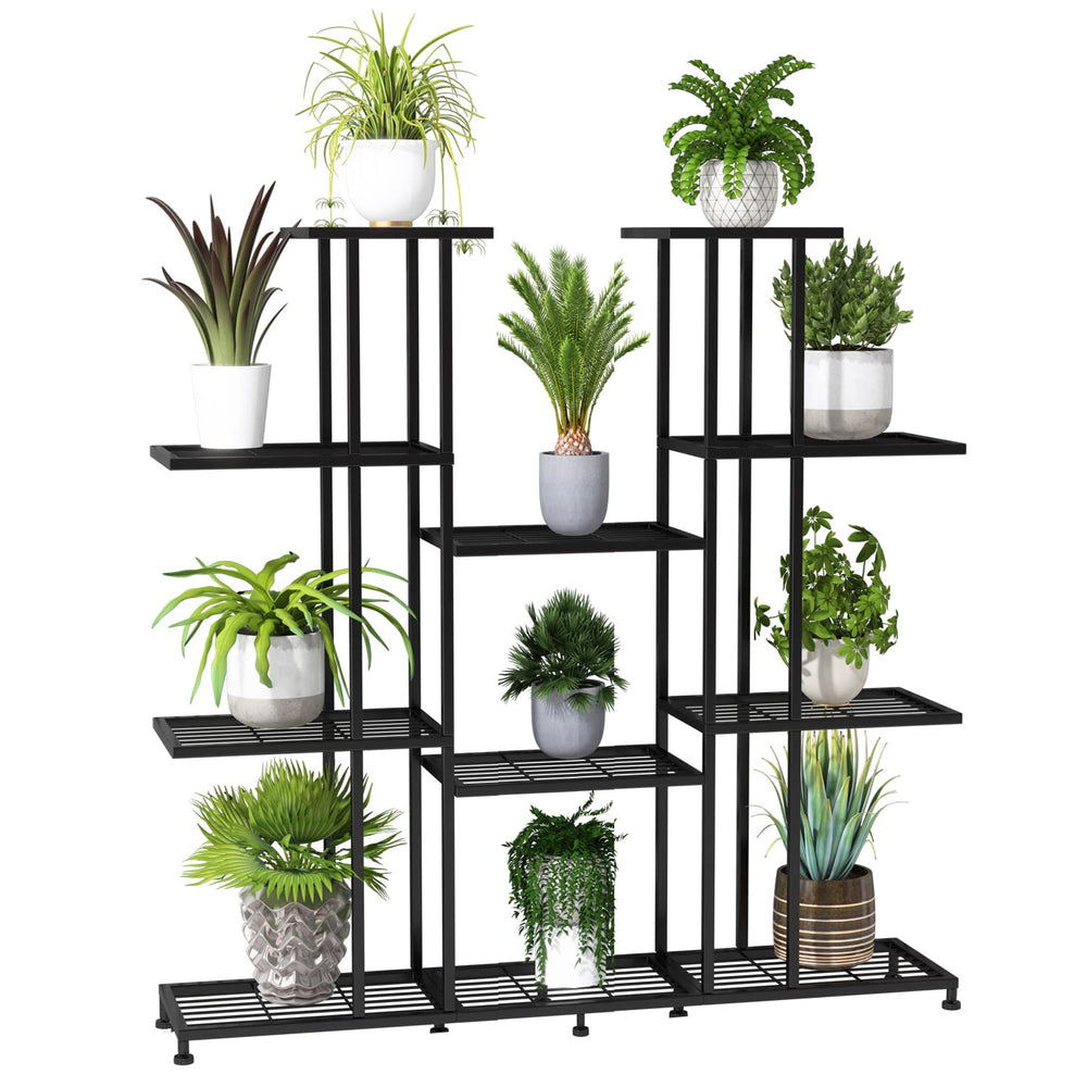 Twhep plant stand front view showing nine tiers and space-saving design benefit