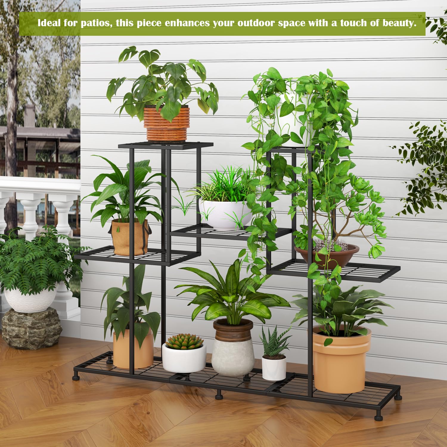 Twhep tier detail with open-slat shelves for improved drainage and airflow for plants