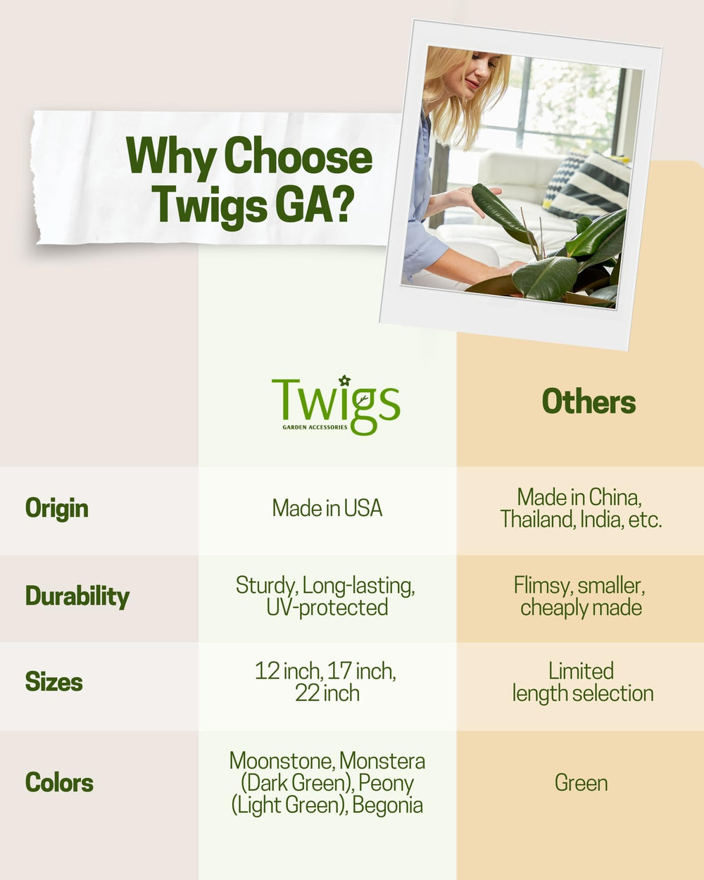 Twigs GA stake inserted in pot supporting stem and improving plant posture