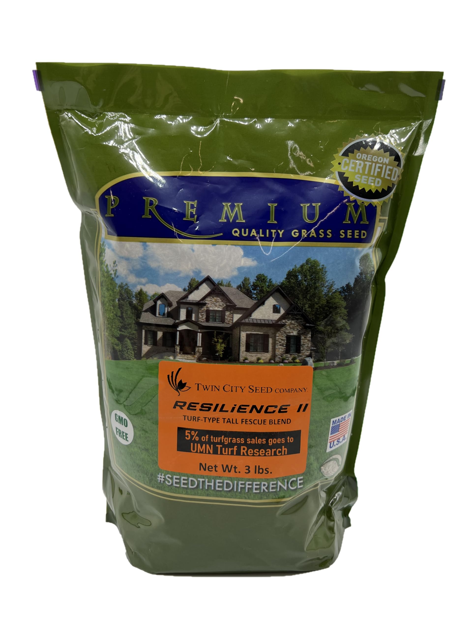 Twin City Seed Co. front packaging showing resilient tall fescue blend and usage guidance